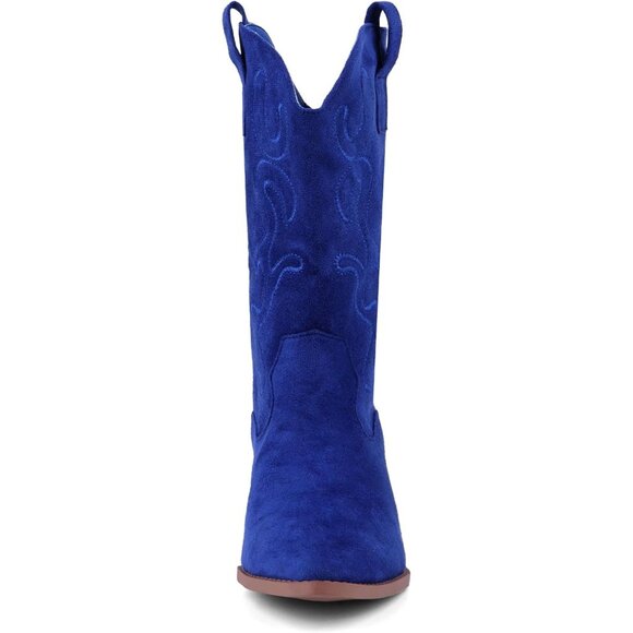 Women Navy-blue Suede Mid Calf Chunky Block Heel Western Embroidered Boot - Picture 3 of 7